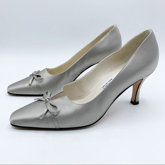 Pancaldi Elegant Taupe Satin Evening Pumps Bow Pointed Toe - Picture 1 of 15